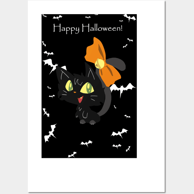 "Happy Halloween" Orange Bow Black Cat Wall Art by saradaboru